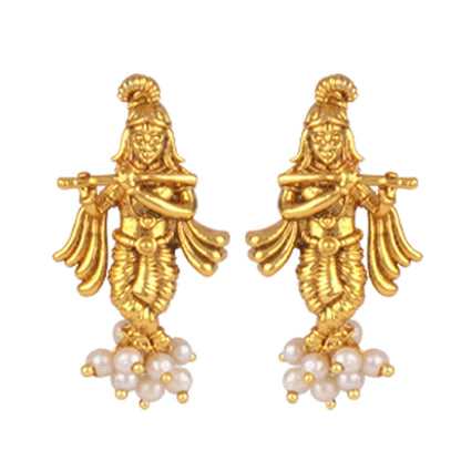 Gold Plated Lord Krishna Pendant Pearl String Chain With Earring .