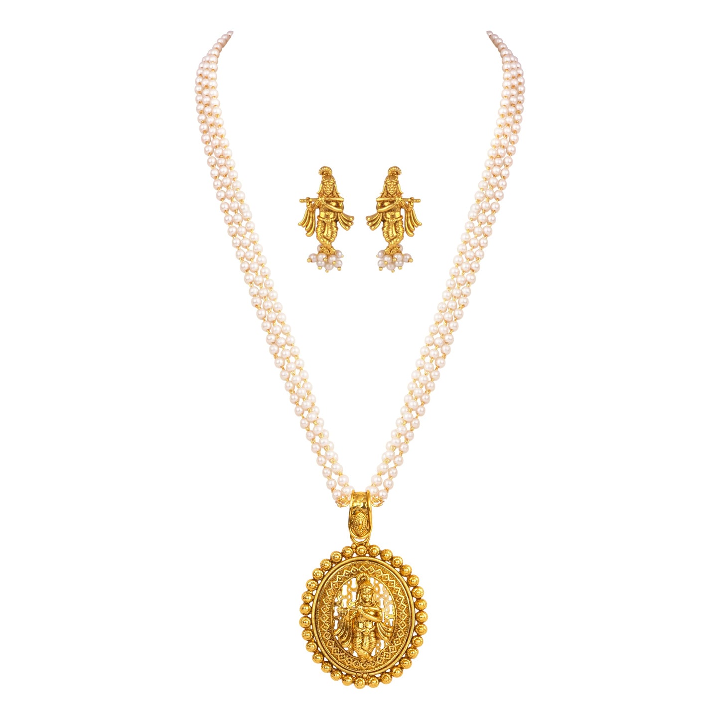 Gold Plated Lord Krishna Pendant Pearl String Chain With Earring .