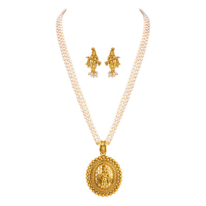 Gold Plated Lord Krishna Pendant Pearl String Chain With Earring .