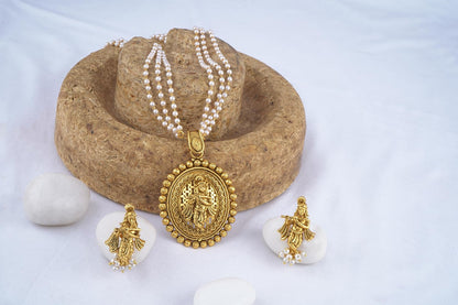 Gold Plated Lord Krishna Pendant Pearl String Chain With Earring .