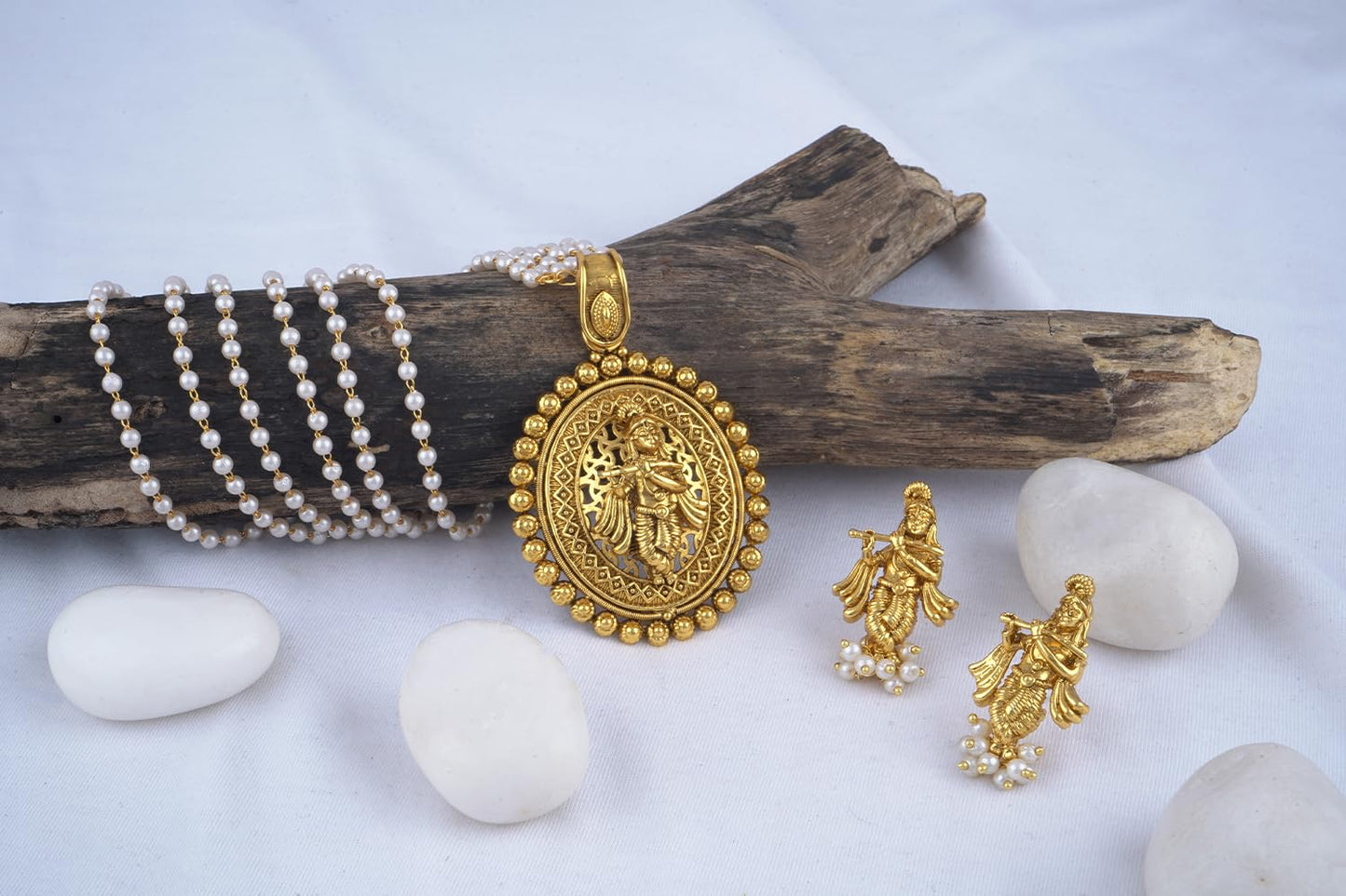 Gold Plated Lord Krishna Pendant Pearl String Chain With Earring .