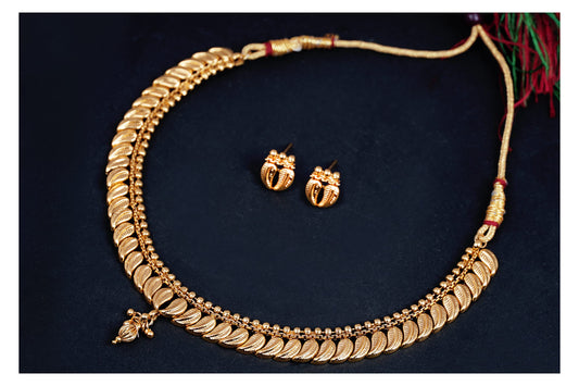 One Gram Gold Plated Leaf Design Necklace Set With Earrings & Adjustable Thread