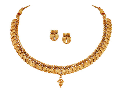 One Gram Gold Plated Leaf Design Necklace Set With Earrings & Adjustable Thread
