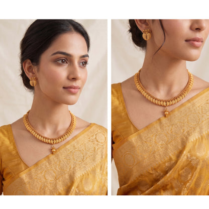 One Gram Gold Plated Leaf Design Necklace Set With Earrings & Adjustable Thread
