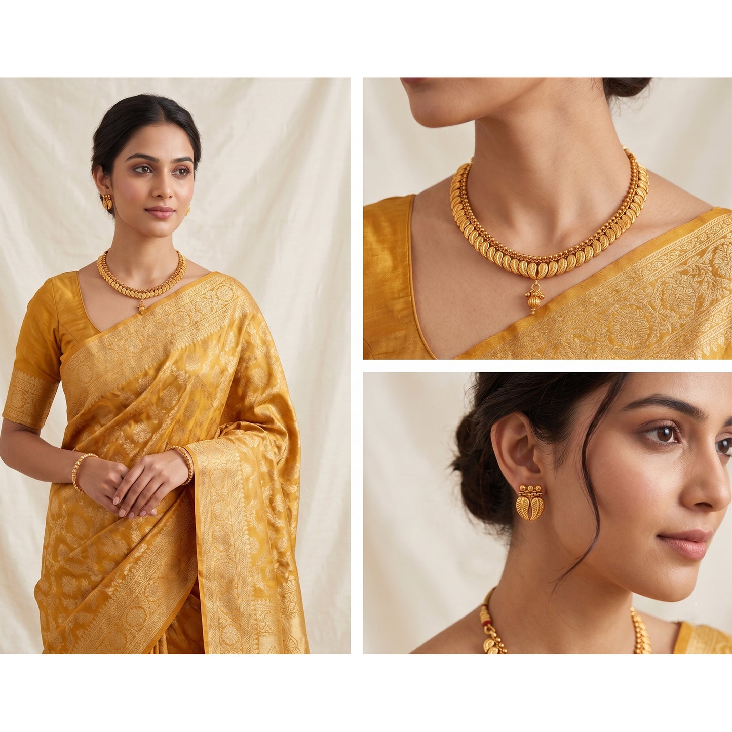 One Gram Gold Plated Leaf Design Necklace Set With Earrings & Adjustable Thread
