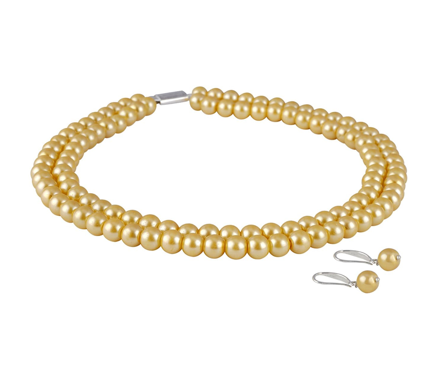 Double Strand Pearl Necklace Set – 6mm & 8mm Round Pearl Mala with Earrings and Bracelet