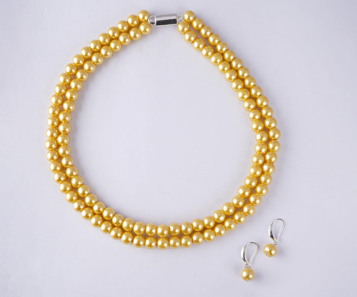 Double Strand Pearl Necklace Set – 6mm & 8mm Round Pearl Mala with Earrings and Bracelet