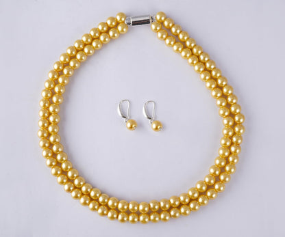 Double Strand Pearl Necklace Set – 6mm & 8mm Round Pearl Mala with Earrings and Bracelet