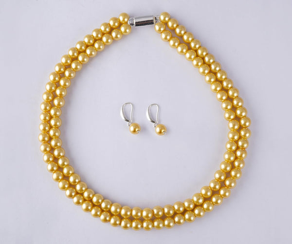 Double Strand Pearl Necklace Set – 6mm & 8mm Round Pearl Mala with Earrings and Bracelet