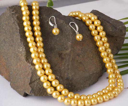 Double Strand Pearl Necklace Set – 6mm & 8mm Round Pearl Mala with Earrings and Bracelet