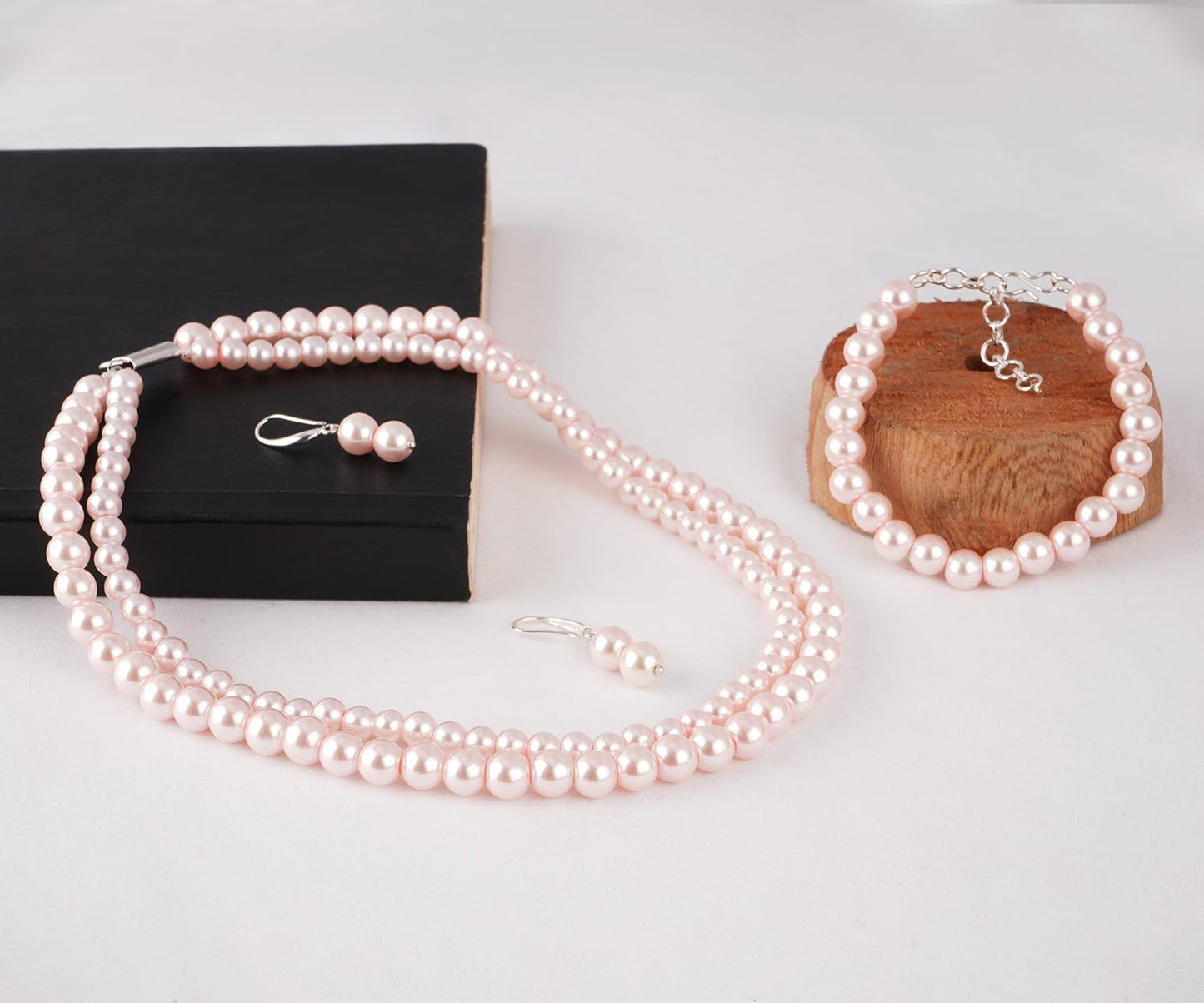 Double Strand Pearl Necklace Set – 6mm & 8mm Round Pearl Mala with Earrings and Bracelet