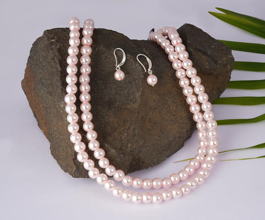 Double Strand Pearl Necklace Set – 6mm & 8mm Round Pearl Mala with Earrings and Bracelet