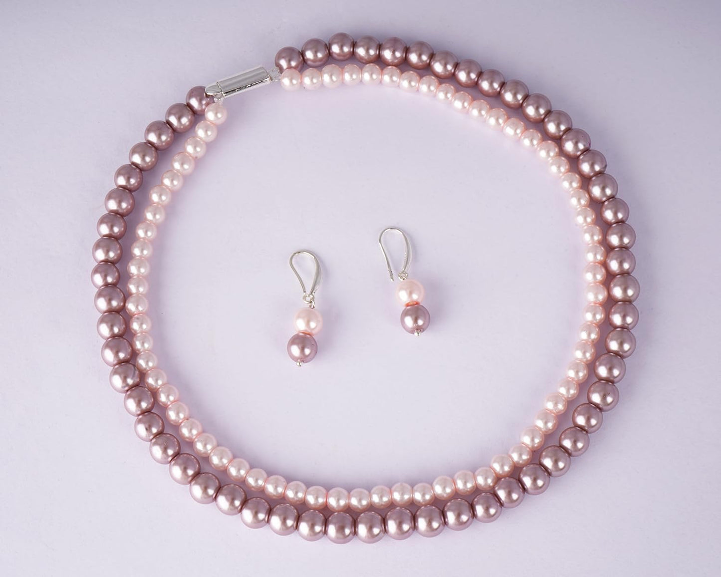Double Strand Pearl Necklace Set – 6mm & 8mm Round Pearl Mala with Earrings and Bracelet