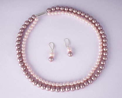 Double Strand Pearl Necklace Set – 6mm & 8mm Round Pearl Mala with Earrings and Bracelet