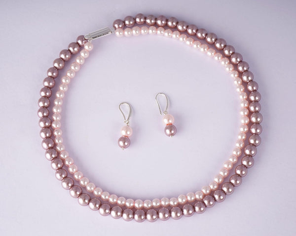 Double Strand Pearl Necklace Set – 6mm & 8mm Round Pearl Mala with Earrings and Bracelet