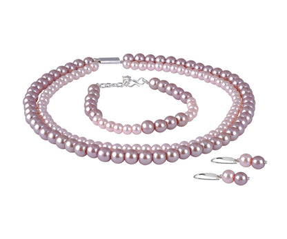 Double Strand Pearl Necklace Set – 6mm & 8mm Round Pearl Mala with Earrings and Bracelet