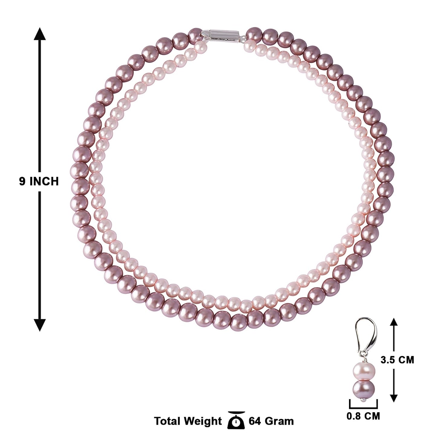 Double Strand Pearl Necklace Set – 6mm & 8mm Round Pearl Mala with Earrings and Bracelet