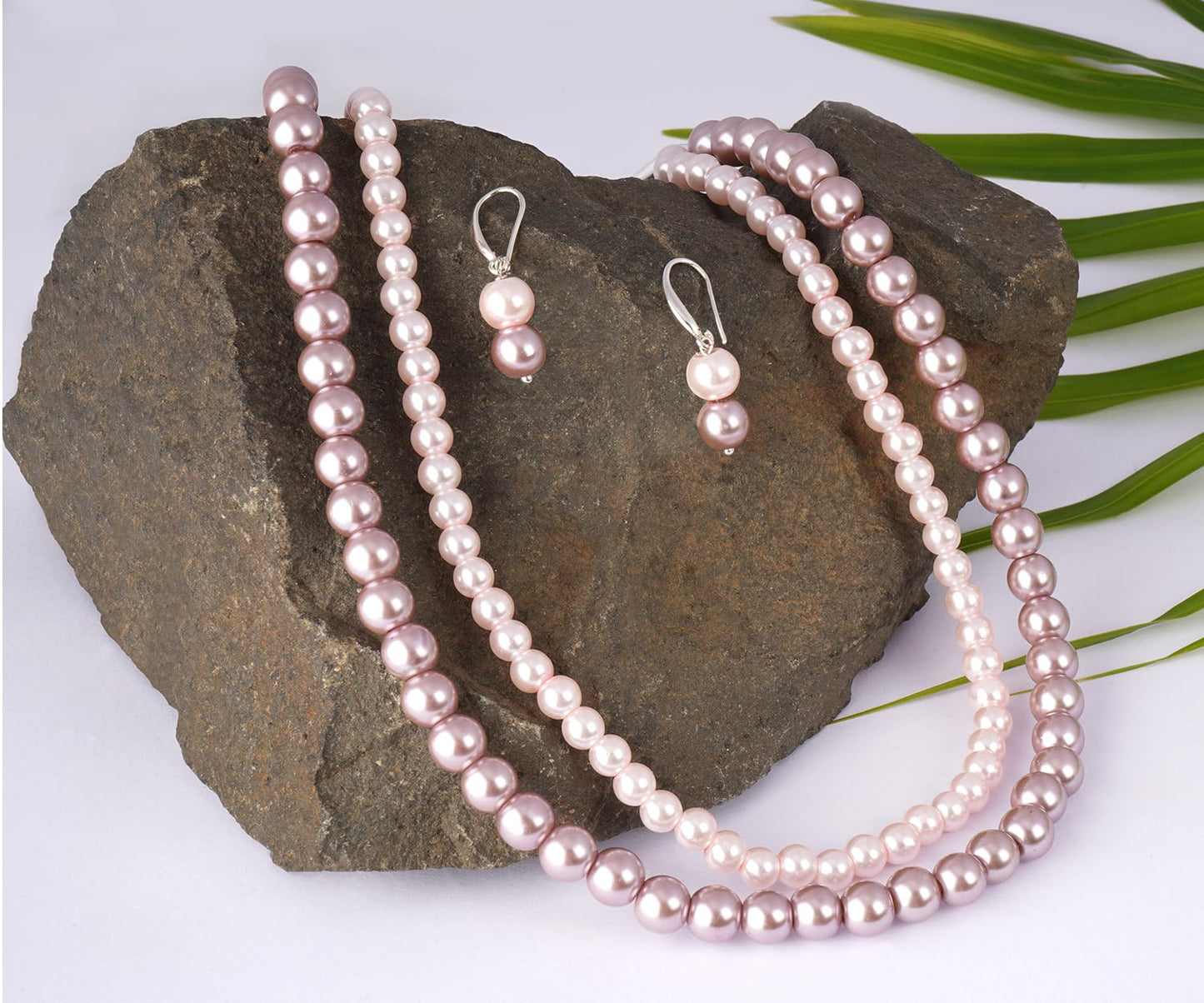 Double Strand Pearl Necklace Set – 6mm & 8mm Round Pearl Mala with Earrings and Bracelet