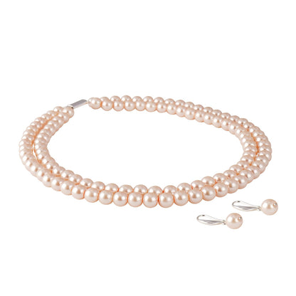 Double Strand Peach Pearl Necklace Set – 8mm Round Pearl Mala with Earrings and Bracelet