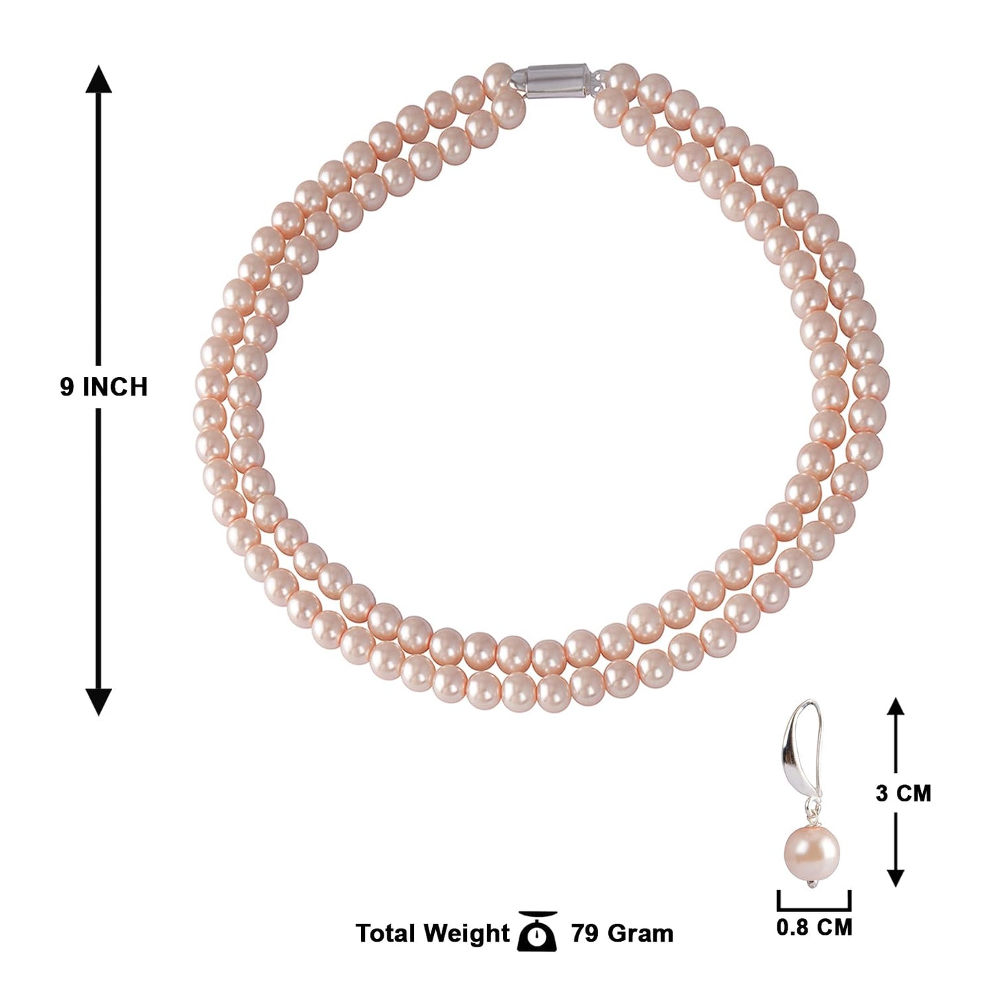 Double Strand Peach Pearl Necklace Set – 8mm Round Pearl Mala with Earrings and Bracelet