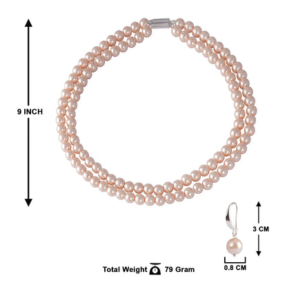 Double Strand Peach Pearl Necklace Set – 8mm Round Pearl Mala with Earrings and Bracelet