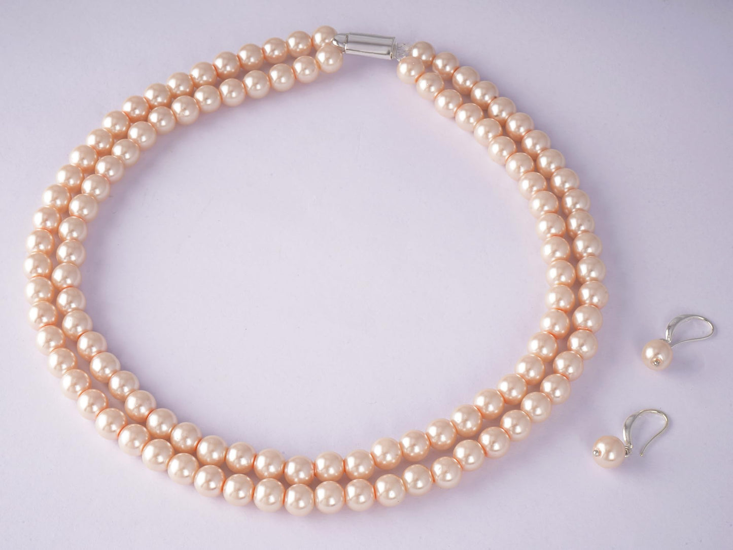 Double Strand Peach Pearl Necklace Set – 8mm Round Pearl Mala with Earrings and Bracelet