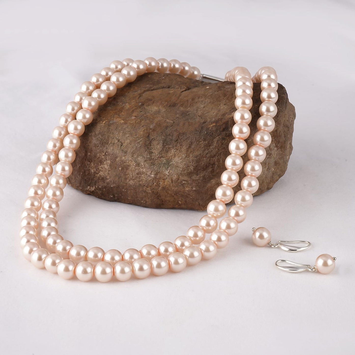 Double Strand Peach Pearl Necklace Set – 8mm Round Pearl Mala with Earrings and Bracelet
