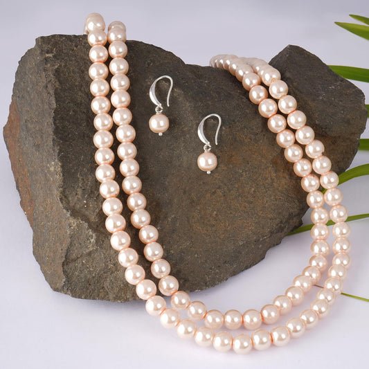 Double Strand Peach Pearl Necklace Set – 8mm Round Pearl Mala with Earrings and Bracelet