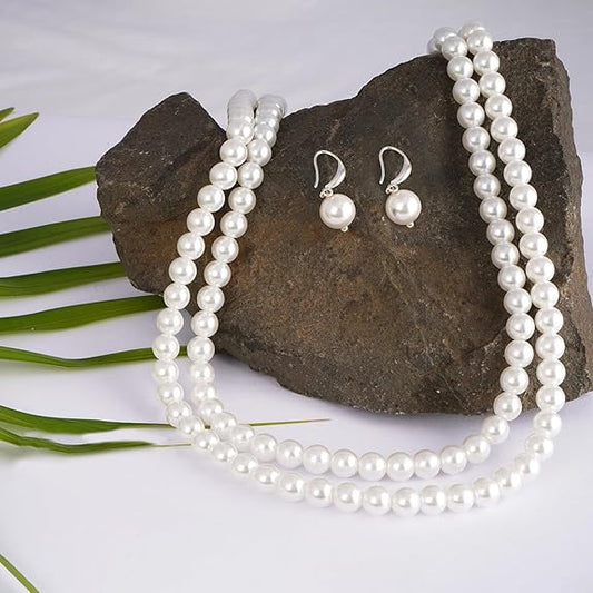 Double Strand Pearl Necklace Set – 8mm Round Moti Mala with Earrings and Bracelet