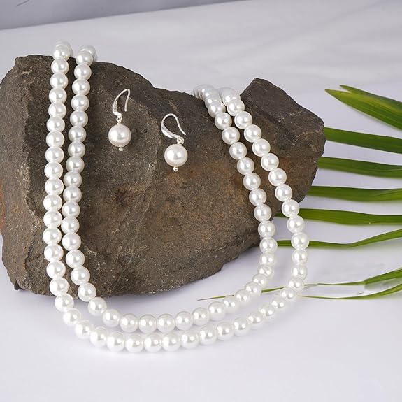Double Strand Pearl Necklace Set – 8mm Round Moti Mala with Earrings and Bracelet