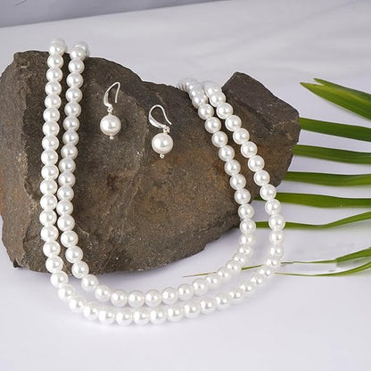 Double Strand Pearl Necklace Set – 8mm Round Moti Mala with Earrings and Bracelet