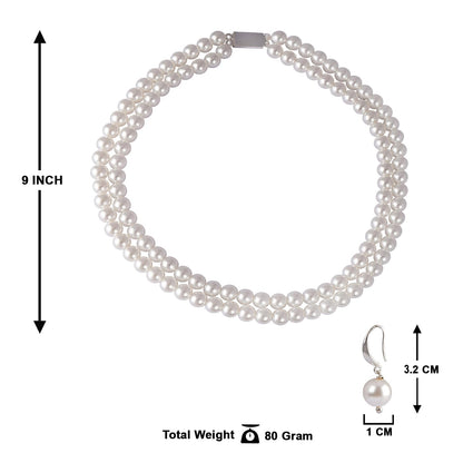 Double Strand Pearl Necklace Set – 8mm Round Moti Mala with Earrings and Bracelet