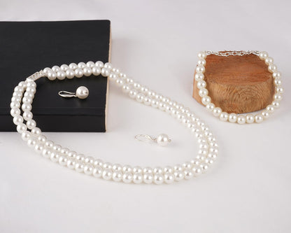 Double Strand Pearl Necklace Set – 8mm Round Moti Mala with Earrings and Bracelet