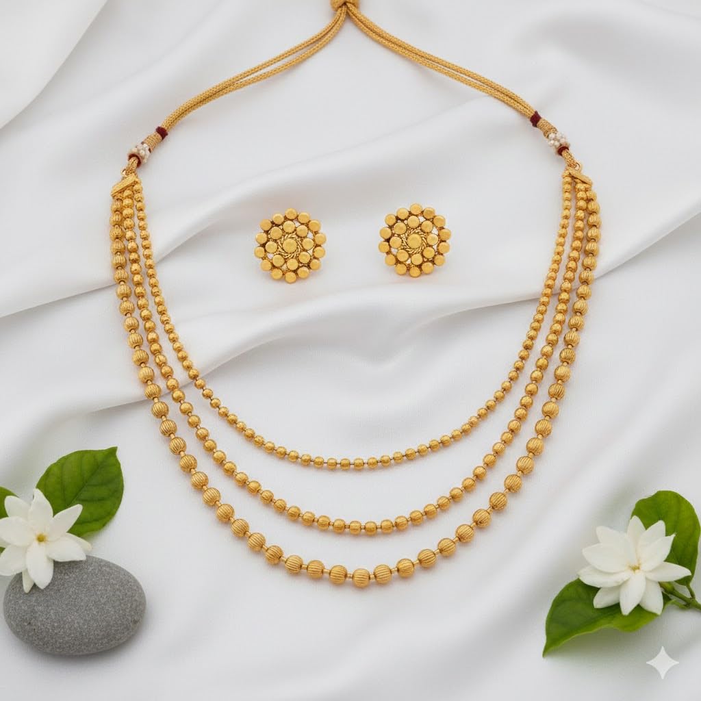 Classic Gold Plated Multi Strand Gold Bead Necklace With Earring & Adjustable Thread (Gold)