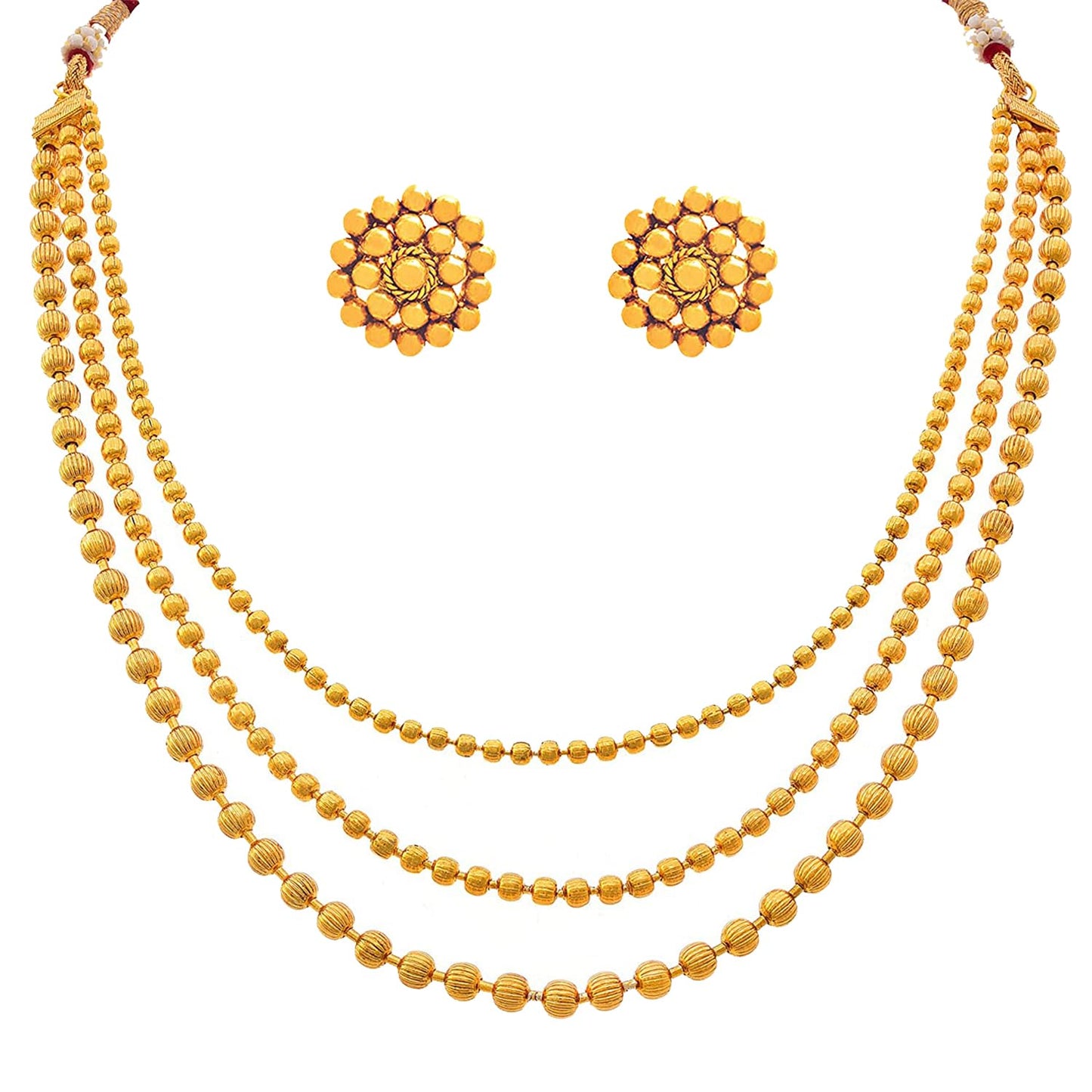 Classic Gold Plated Multi Strand Gold Bead Necklace With Earring & Adjustable Thread (Gold)