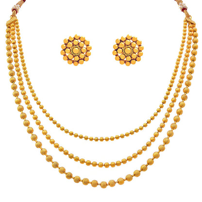 Classic Gold Plated Multi Strand Gold Bead Necklace With Earring & Adjustable Thread (Gold)