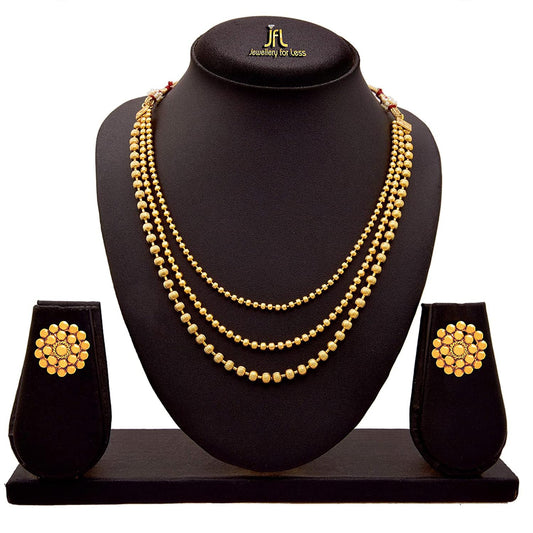 Classic Gold Plated Multi Strand Gold Bead Necklace With Earring & Adjustable Thread (Gold)
