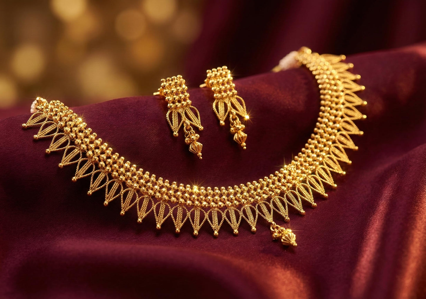 One Gram Gold Plated Drop Shape Design Necklace Set With Adjustable Thread