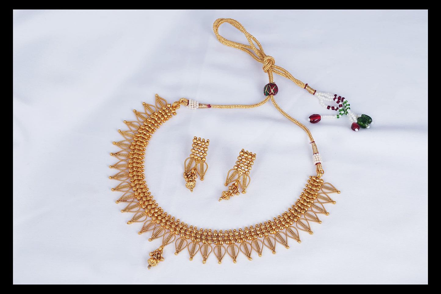 One Gram Gold Plated Drop Shape Design Necklace Set With Adjustable Thread