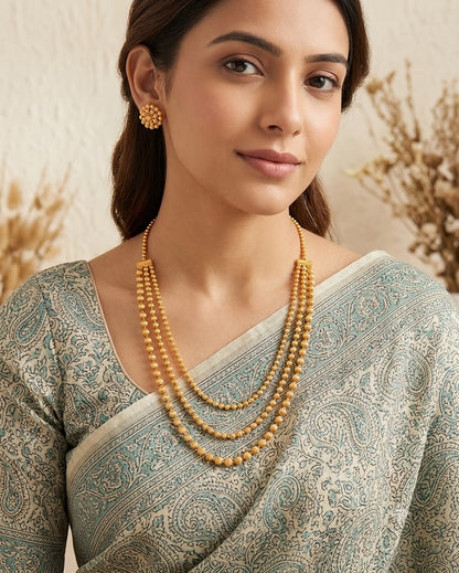 And One Gram Gold Plated Multi Layer Round Gold Bead With Bead Earring Necklace Set