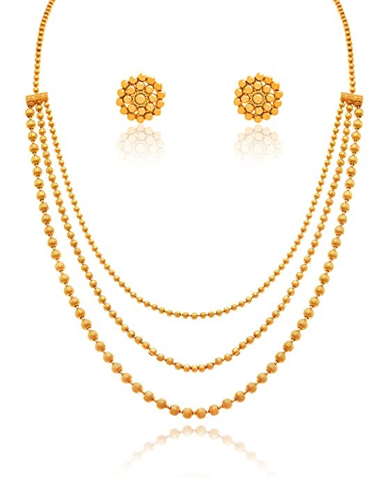 And One Gram Gold Plated Multi Layer Round Gold Bead With Bead Earring Necklace Set