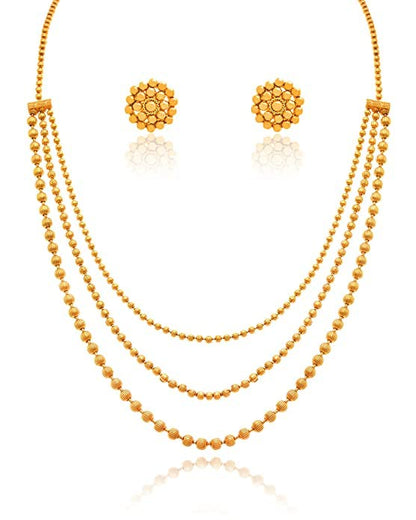 And One Gram Gold Plated Multi Layer Round Gold Bead With Bead Earring Necklace Set