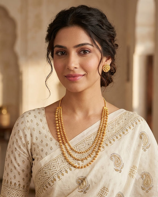 And One Gram Gold Plated Multi Layer Round Gold Bead With Bead Earring Necklace Set
