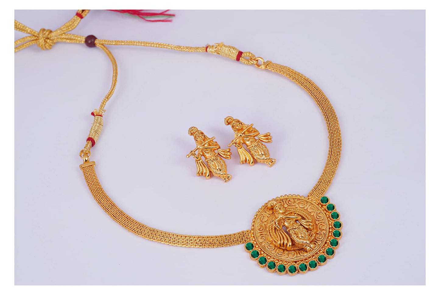 Temple Necklace Set – Lord Krishna Design with Emerald Green Stones