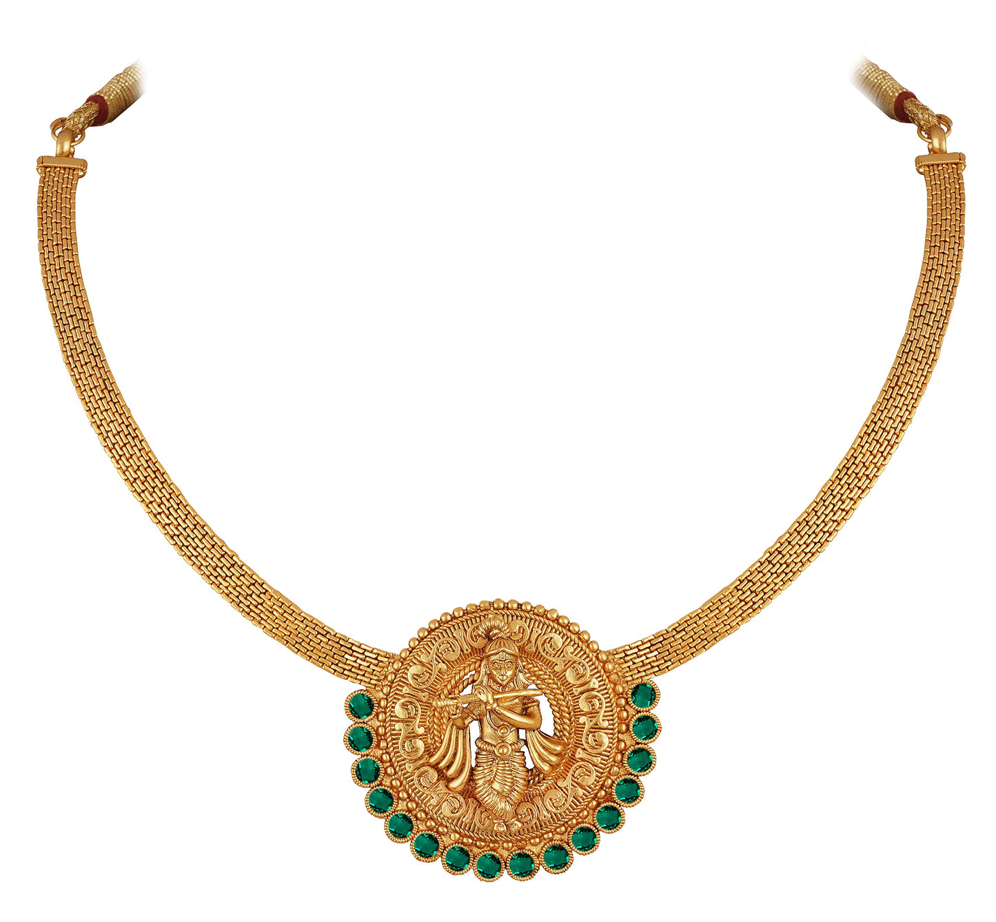 Temple Necklace Set – Lord Krishna Design with Emerald Green Stones
