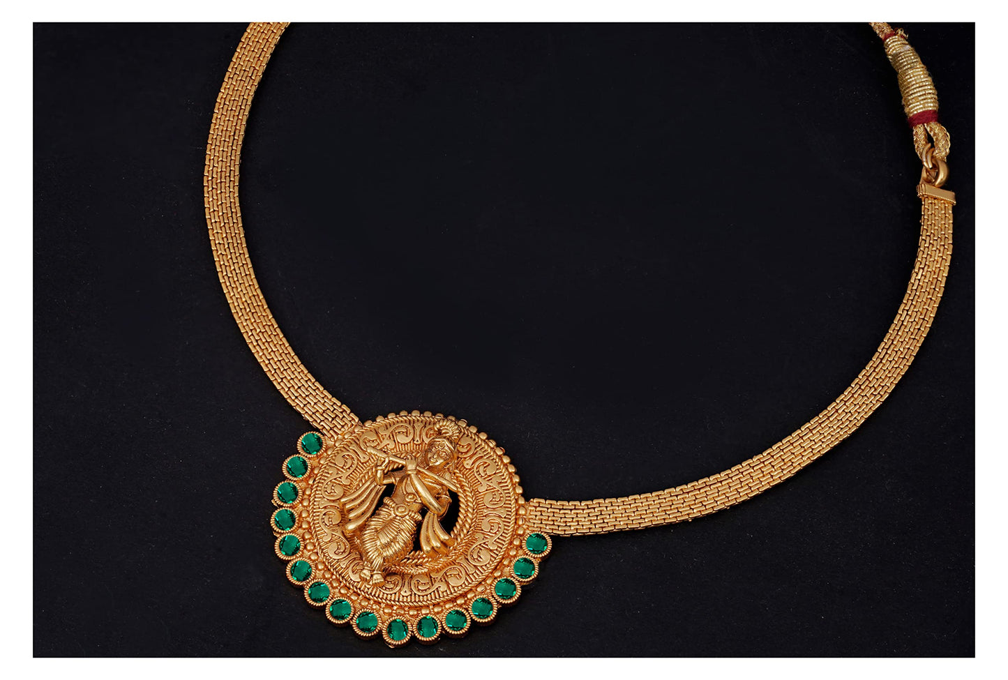 Temple Necklace Set – Lord Krishna Design with Emerald Green Stones