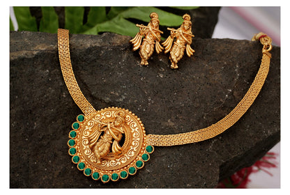 Temple Necklace Set – Lord Krishna Design with Emerald Green Stones