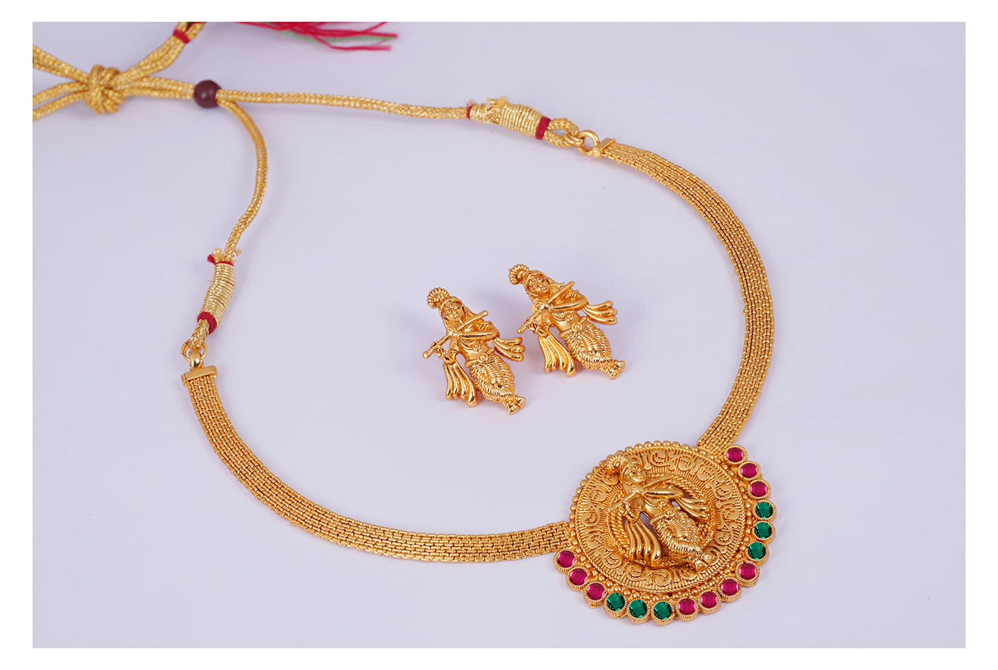 One Gram Gold Plated Temple Necklace Set – Lord Krishna Design with Ruby & Emerald Stones