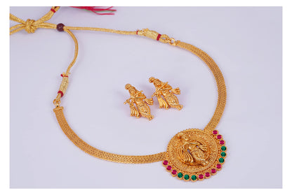 One Gram Gold Plated Temple Necklace Set – Lord Krishna Design with Ruby & Emerald Stones