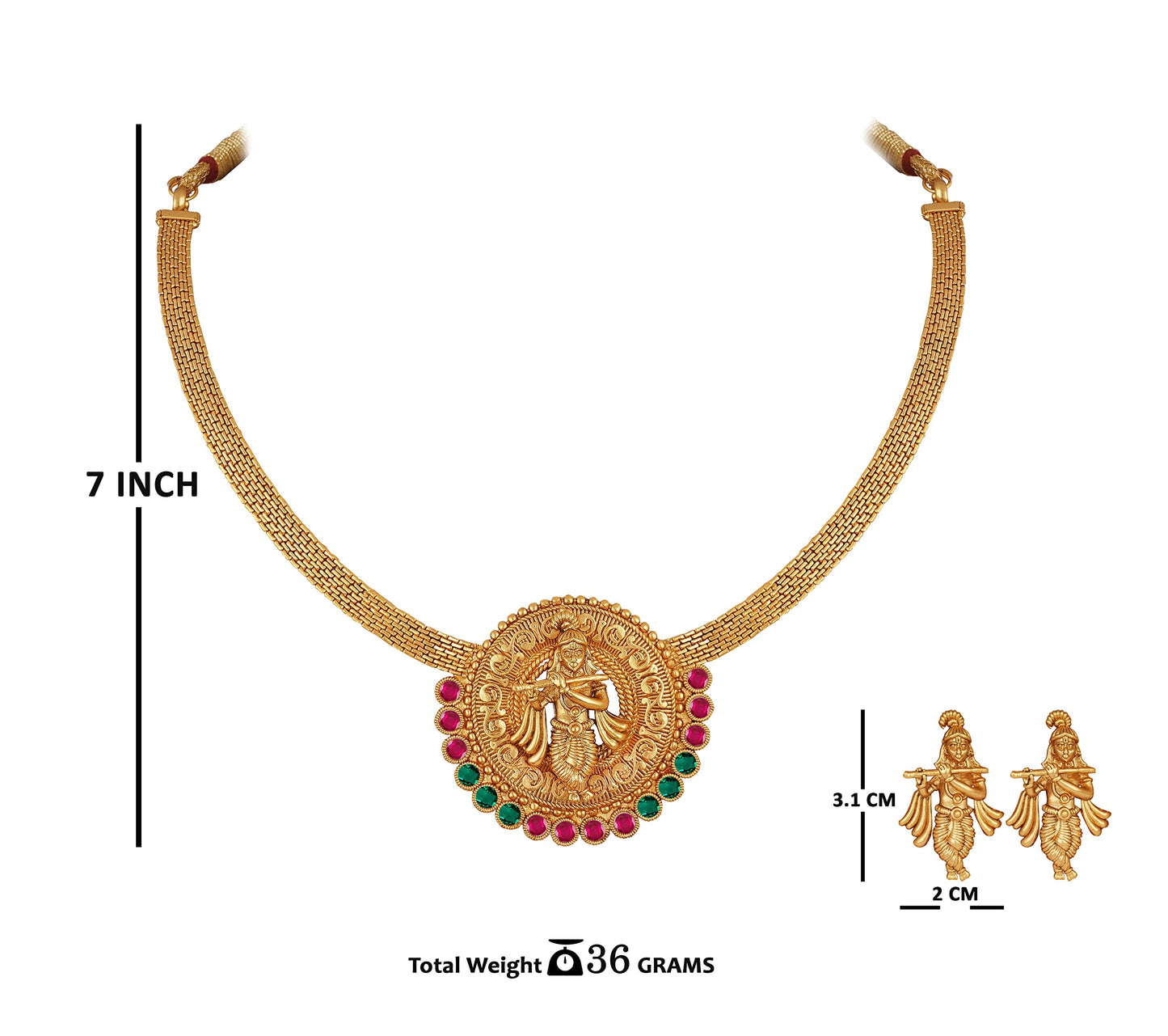 One Gram Gold Plated Temple Necklace Set – Lord Krishna Design with Ruby & Emerald Stones